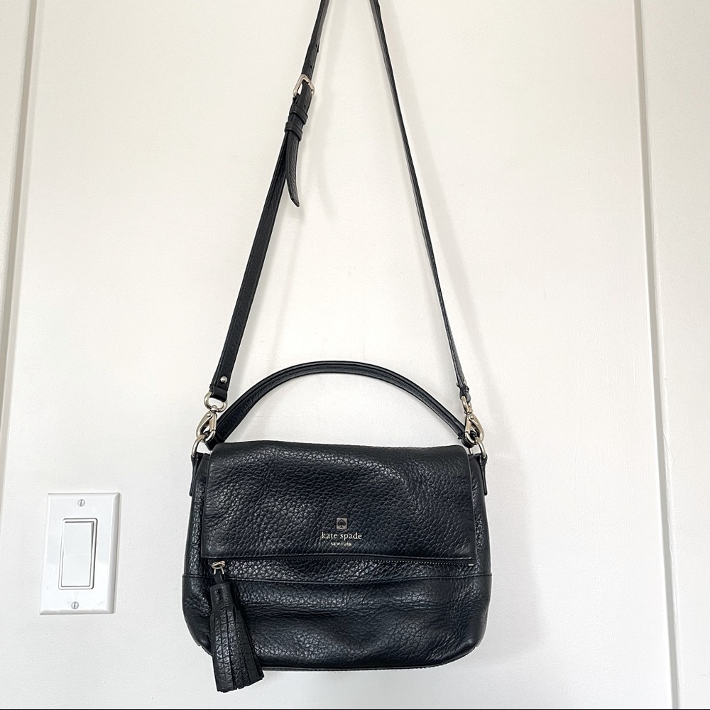 Kate Spade Black Pebbled Leather Fold Over Zip Closure Tassel Bag